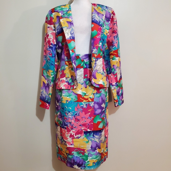 Anne Crimmins for UMI Collections vtg silk floral straight skirt blazer suit 8 - Picture 4 of 12